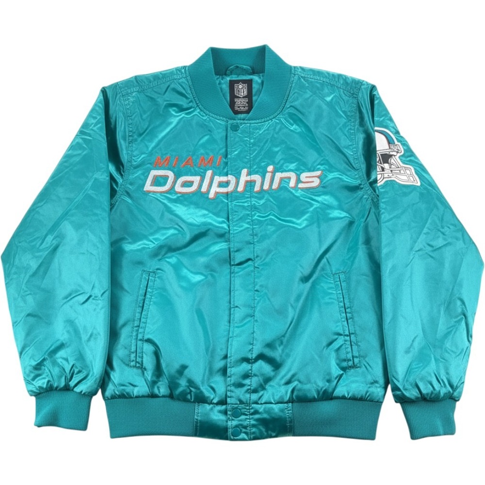 NFL Team Apparel Jacket Mens Medium Miami Dolphins Satin Bomber Teal NWT